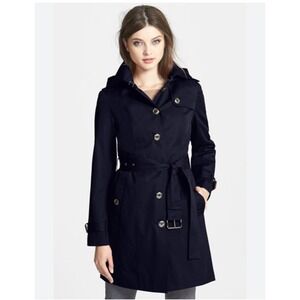 Michael Kors Navy Blue Belted Trench Coat w Removable‎ Hood and Wool Lining L